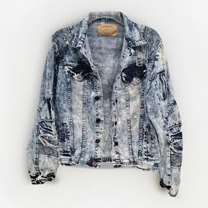 Carbon Men's Small Acid Wash Distressed‎ Moto Denim Jacket Blue Ribbed Biker